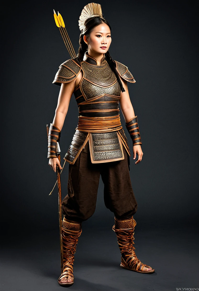 A beautiful ancient female warrior of the Lac Long Quan era. Name: My Nuong.
Stature: About 1m65 tall, toned body but still retains the softness of a woman.
Face: Sharp lines, eyes bright as stars at night, exuding intelligence and determination. Thin lips, square chin showing strong will.
Hair: Jet black, waist-length, often braided into a large braid or neatly tied up when fighting.
Skin: Bronze color, tanned, showing a life closely connected to nature.
Shirt: Brown rough fabric shirt, cross-collar, short sleeves for ease of movement.
Pants: Black wide-leg pants, tied tightly at the ankles.
Armor: Light armor made of animal skin and bark, protecting the chest and shoulders.
Headgear: Leather helmet, with feathers symbolizing agility and freedom.
Main weapon: Long spear made of hard wood, sharp bronze spearhead.
Side Weapon: Dagger worn at the waist and bow and arrows slung on the back.
Skills: Proficient in spear, bow and arrow, and hand-to-hand combat.
Special Ability: Can communicate with animals, especially birds, which helps in reconnaissance and communication.
Personality: Brave, intelligent, and has natural leadership abilities. Always puts the interests of the tribe first.
Role: Commander of an elite female army, protecting the tribe's borders.
My Nuong is the embodiment of the combination of strength and wisdom, representing the image of ancient Vietnamese women - both gentle and strong, both attached to nature and ready to fight to protect the homeland.