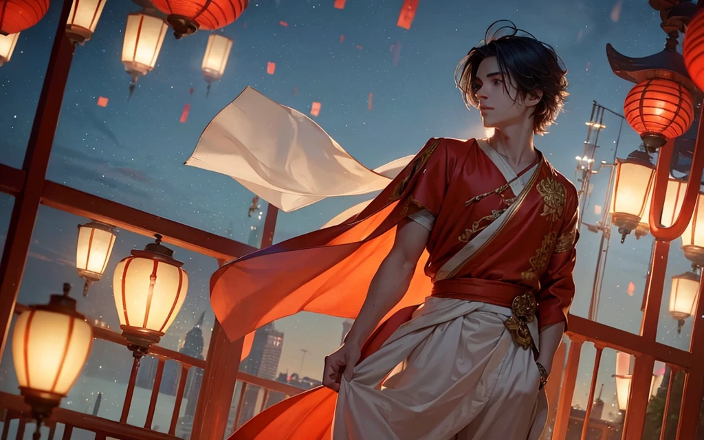 A handsome young man in white clothes with windblown hair standing thoughtfully on a balcony at dusk, gazing over a vast cityscape illuminated by floating lanterns in a twilight sky, creating a dreamlike and magical atmosphere. The primary light source is the twilight sky, casting soft shadows and delicate highlights on his hair and clothes. The color scheme features cool blues and purples, with contrasting warm orange and red lanterns. The scene conveys a sense of serenity, fantasy, and a touch of melancholy, with the young man's pose and expression suggesting contemplation or longing. The wind adds a dynamic element, bringing life to his hair and clothes, and the lanterns gently rise, enhancing the magical ambiance. The city lights twinkle like stars, adding depth and detail to the background.