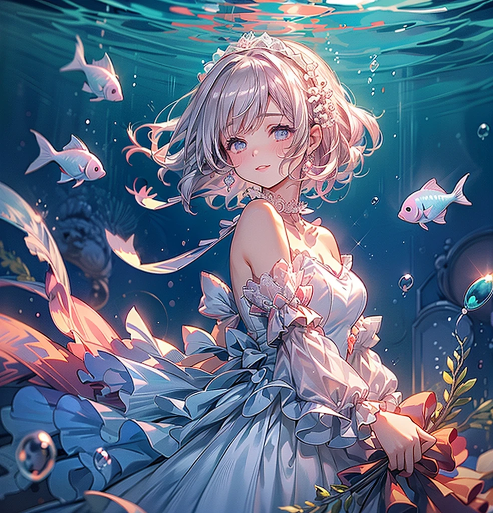 (Exquisite, beautiful, Very detailed, masterpiece, high quality, Confused, High resolution, Full HD, 16K), (Fine Lines: 1.2, Soft lines:1.2, beautiful and delicate face), front,Whole body,whole body,((Floating on water,drifting)),(The ends of my hair and the edge of my dress melt into the water..),(In the dark depths of the sea,Creates lots of bubbles,fish),(smile), (Medium Hair:1.5), (tiara, Earrings, beautiful choker), ((A pastel-colored ball gown dress featuring puffy shoulders and a water motif..:1.1, Balloon sleeves,Jewels, lace and frills)), (Light pink blush, Plump pink lips,Large Breasts,Fair skin, Good style),
