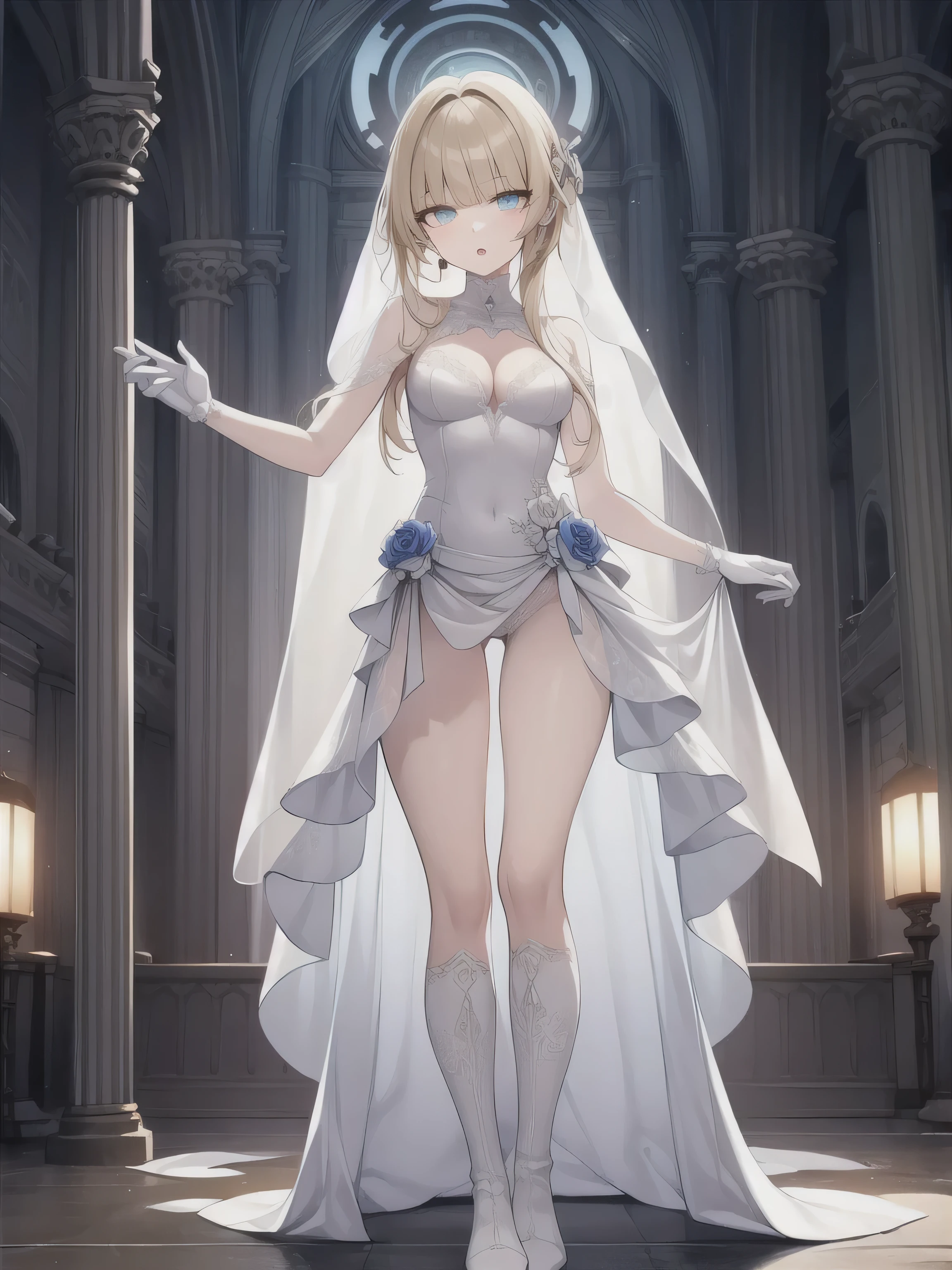 A girl，，Long hair, bangs, bionde, Hair between the eyes,  (Medium  1.2), 
rest clavicle, Wedding Dress，veil，wedding，Transparent skirt，Flowers，dress，White socks，White knee socks，White gloves，Boots，Cleavage，
Looking at the audience, whole body, open mouth，indoor, church，Standing，Upright，Standing，Close your eyes tightly，Keep your eyes closed，Close your eyes，
rest (masterpiece:1.2), best quality, high resolution,  8k wallpaper, (illustration:0.8), (Beautiful and delicate eyes:1.6), Extremely detailed face, Perfect lighting, Extremely detailed CG, (Perfect hands, Perfect anatomical structure),