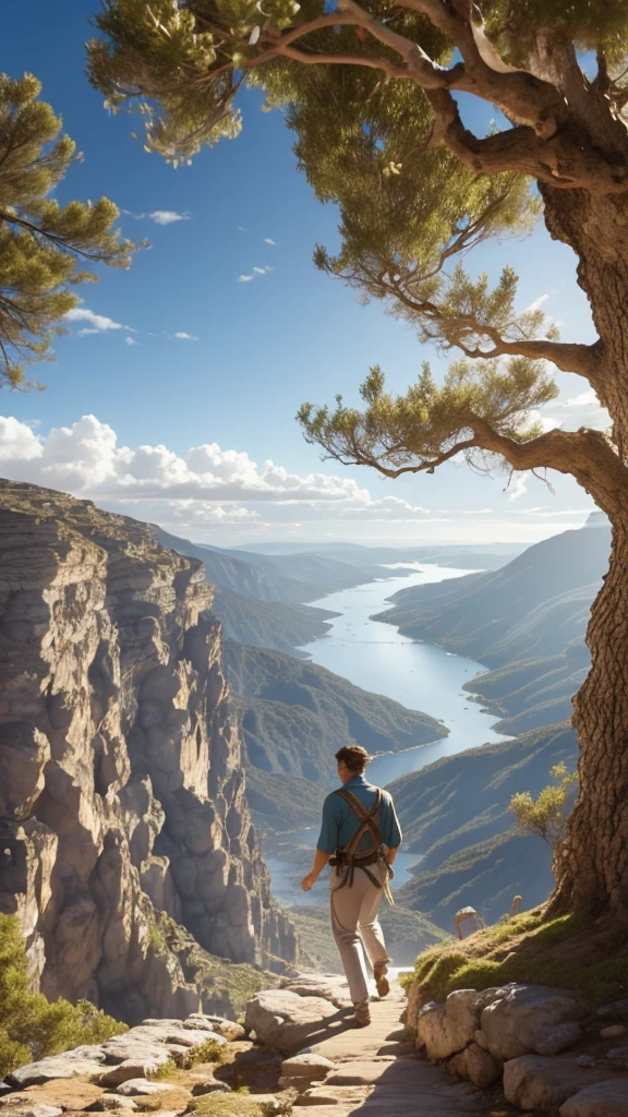 Drawing of a smiling young man with a laurel wreath walking casually on the edge of a cliff with mountains in the background next to a dry tree with a hawk in its branches.