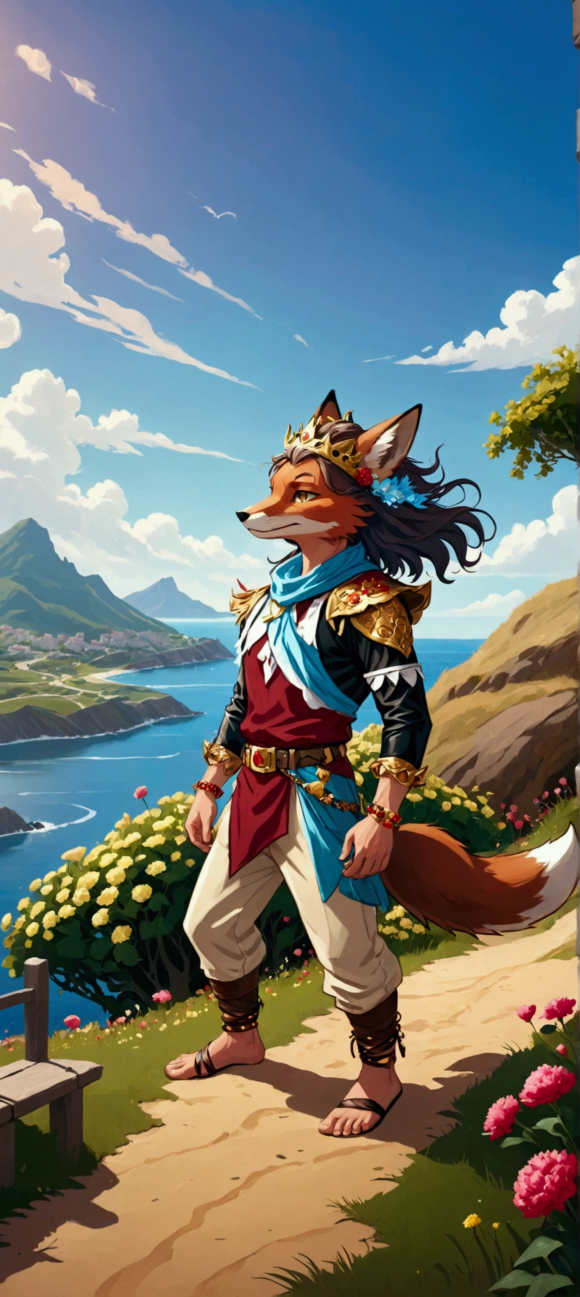 Young man tall handsome toned with shoulder-length hair of reddish brown color, wearing a black shirt and pants, leather huaraches, a gold bracelet on his biceps, a palladium crown adorned with amber crystals and a little fox playing on his feet surrounded by red carnations with white on a hill by the sea