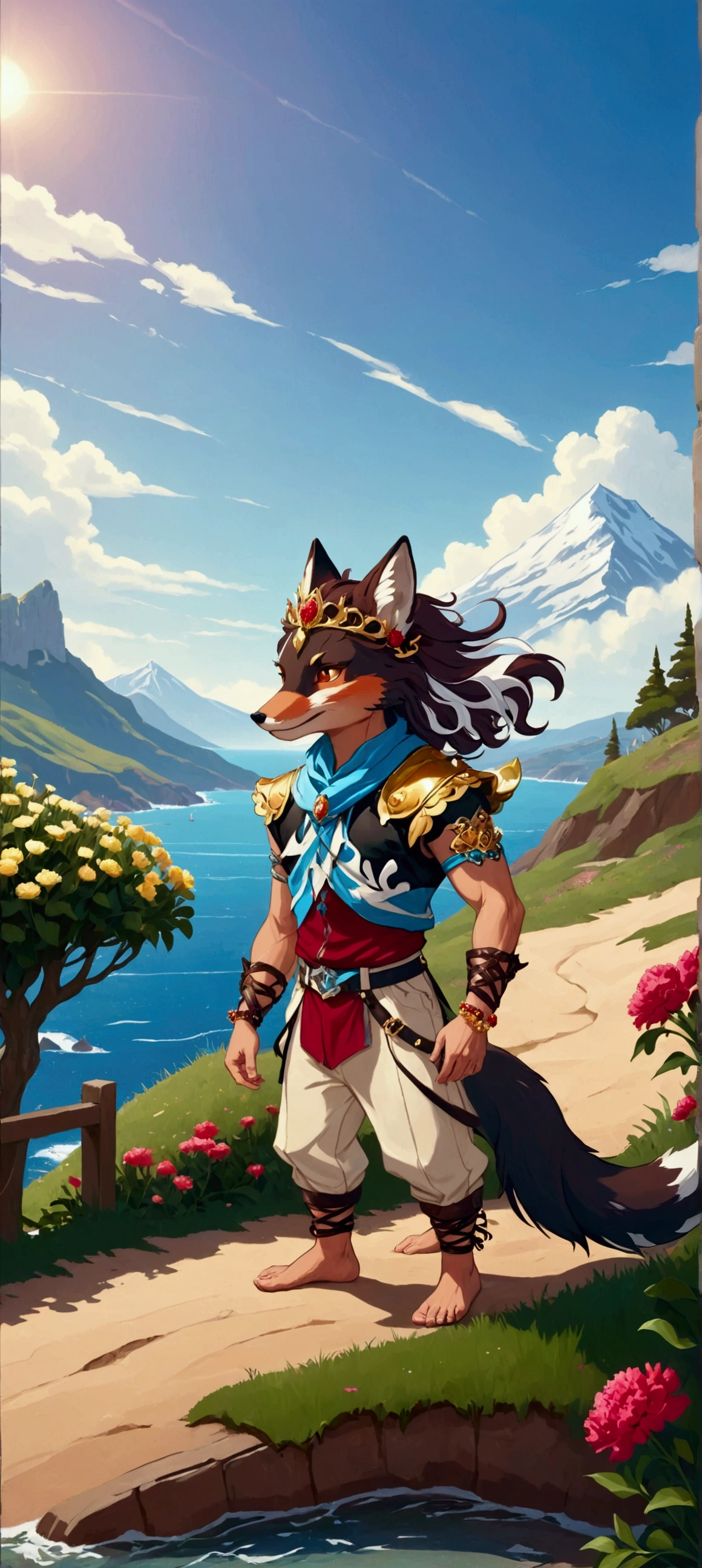 Young man tall handsome toned with shoulder-length hair of reddish brown color, wearing a black shirt and pants, leather huaraches, a gold bracelet on his biceps, a palladium crown adorned with amber crystals and a little fox playing on his feet surrounded by red carnations with white on a hill by the sea