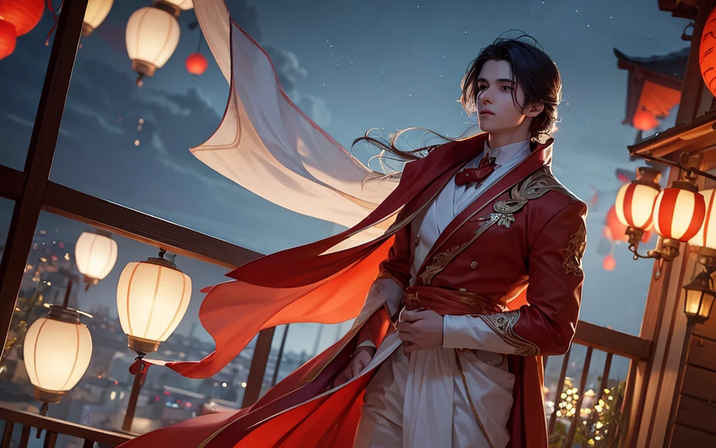 A handsome young man in white clothes with windblown hair standing thoughtfully on a balcony at dusk, gazing over a vast cityscape illuminated by floating lanterns in a twilight sky, creating a dreamlike and magical atmosphere. The primary light source is the twilight sky, casting soft shadows and delicate highlights on his hair and clothes. The color scheme features cool blues and purples, with contrasting warm orange and red lanterns. The scene conveys a sense of serenity, fantasy, and a touch of melancholy, with the young man's pose and expression suggesting contemplation or longing. The wind adds a dynamic element, bringing life to his hair and clothes, and the lanterns gently rise, enhancing the magical ambiance. The city lights twinkle like stars, adding depth and detail to the background.