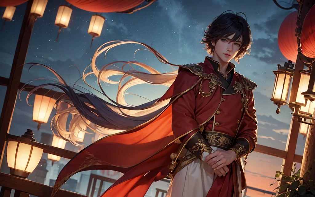 A handsome young man in white clothes with windblown hair standing thoughtfully on a balcony at dusk, gazing over a vast cityscape illuminated by floating lanterns in a twilight sky, creating a dreamlike and magical atmosphere. The primary light source is the twilight sky, casting soft shadows and delicate highlights on his hair and clothes. The color scheme features cool blues and purples, with contrasting warm orange and red lanterns. The scene conveys a sense of serenity, fantasy, and a touch of melancholy, with the young man's pose and expression suggesting contemplation or longing. The wind adds a dynamic element, bringing life to his hair and clothes, and the lanterns gently rise, enhancing the magical ambiance. The city lights twinkle like stars, adding depth and detail to the background.