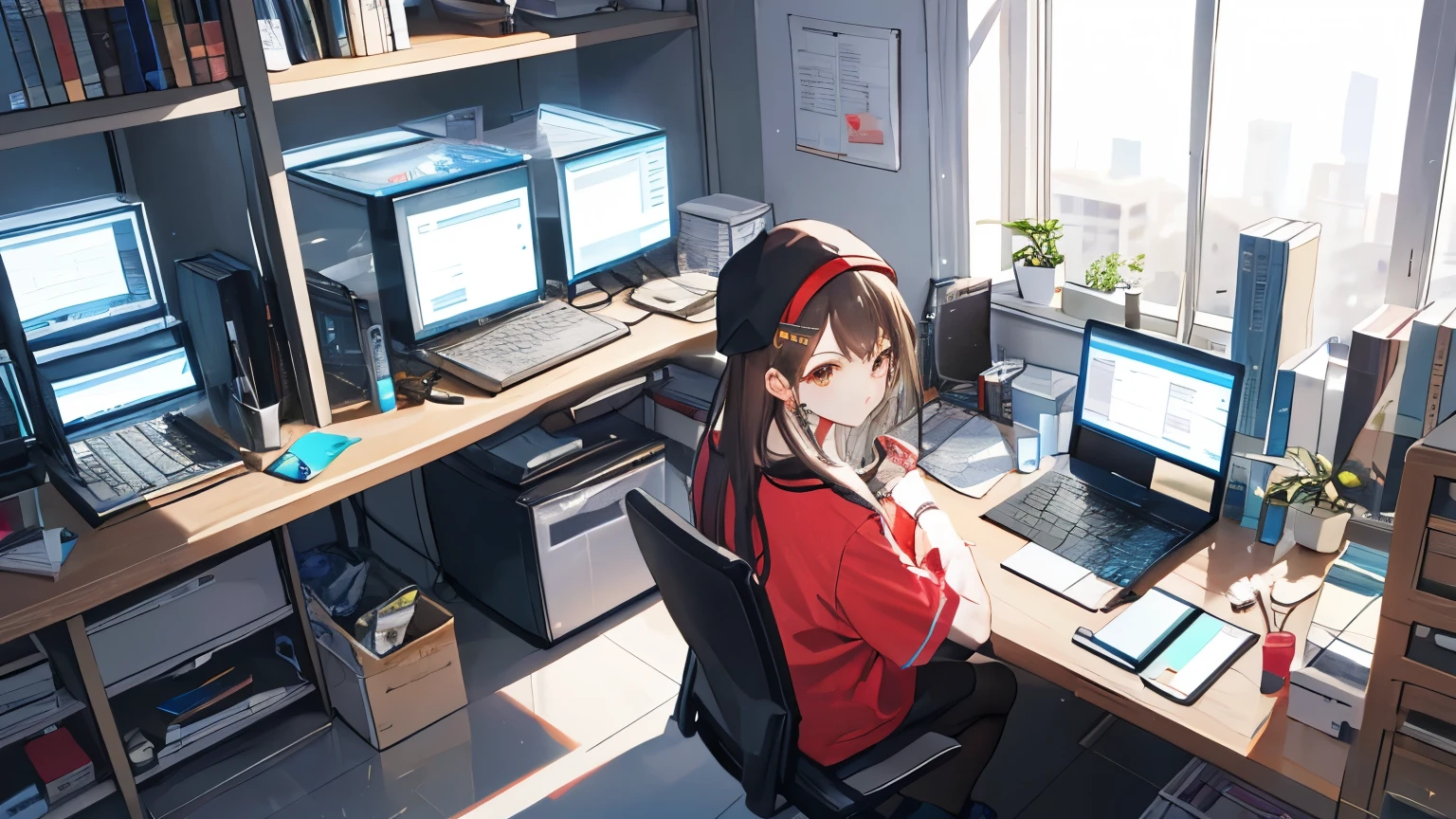 ((Highest quality)), ((masterpiece)), (detailed), ,Office with many computers,Blue Screen of Death,Headband,Brown Hair Girl,I was stunned when I saw the computer,Healing,Glasses,21 years old,,hat,Hair length above shoulders,Brown Eyes,Star Hair Clip,Face tattoo,From above,Red and white casual outfit,,Summer vacation,Working on holidays,Company Office,Summer Light,,Windows,Reboot Loop,Air conditioner wind,business stopped,hacking,