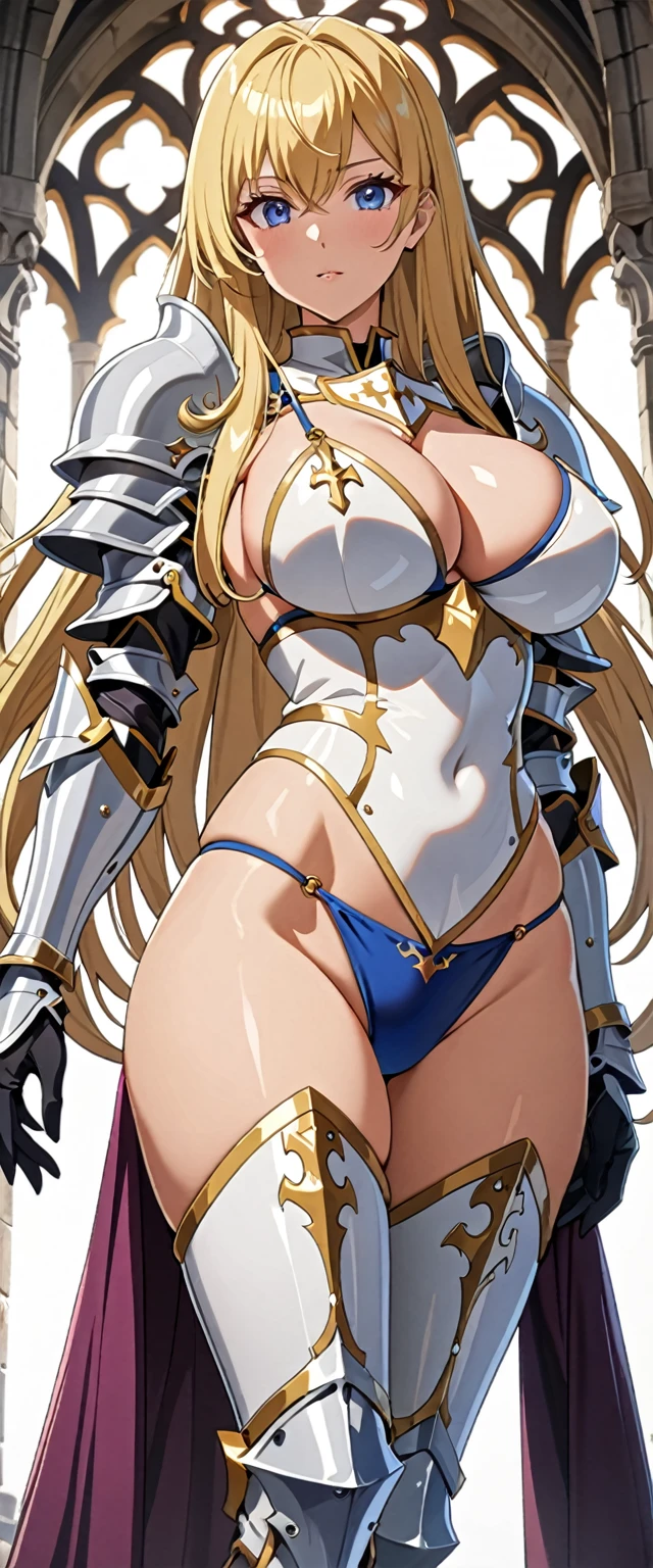 ((masterpiece)), ((high quality)), ((super detailed)), ((high resolution)) ,((8k)), a beautiful woman, ((She is one of the most famous female holy knight)), unparalleled beauty, ((huge breast)), ((large ass)), ((deep cleavage)), slim waist, chest out, ultra detailed face, perfect skin, (((long blonde straight hair))), blue eyes,  detailed eyes, whole body image, (((anime))), ((glamorous)), 21 years old, ((incredibly beautiful woman)), ((The I cup bust)),  ((((bikini armor)))),  ((beautiful breasts)), beautiful legs, 8 life size, anime, the most beautiful and strongest, ((charm)), ((Grown-up face)), ((Perfect fingers)), ((Bewitching)), ((Lady)), ((((from below)))),