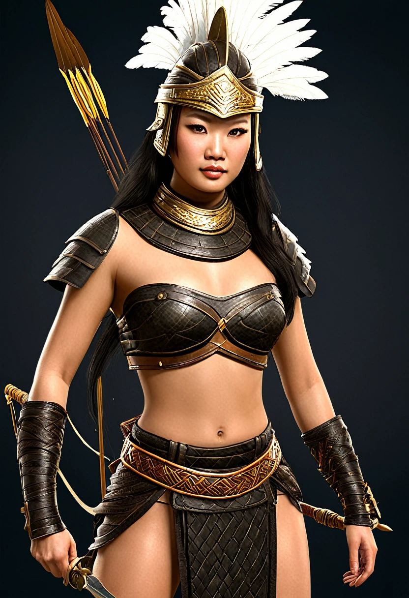 A beautiful ancient female warrior of the Lac Long Quan era. Name: My Nuong. Stature: About 1m65 tall, toned body but still retains the softness of a woman. Face: Sharp lines, eyes bright as stars at night, exuding intelligence and determination. Thin lips, square chin showing strong will. Hair: Jet black, waist-length, often braided into a large braid or neatly tied up when fighting. Skin: Bronze color, tanned, showing a life closely connected to nature. Shirt: Brown rough fabric shirt, cross-collar, short sleeves for ease of movement. Pants: Black wide-leg pants, tied tightly at the ankles. Armor: Light armor made of animal skin and bark, protecting the chest and shoulders. Headgear: Leather helmet, with feathers symbolizing agility and freedom. Main weapon: Long spear made of hard wood, sharp bronze spearhead. Side Weapon: Dagger worn at the waist and bow and arrows slung on the back. Skills: Proficient in spear, bow and arrow, and hand-to-hand combat. Special Ability: Can communicate with animals, especially birds, which helps in reconnaissance and communication. Personality: Brave, intelligent, and has natural leadership abilities. Always puts the interests of the tribe first. Role: Commander of an elite female army, protecting the tribe's borders. My Nuong is the embodiment of the combination of strength and wisdom, representing the image of ancient Vietnamese women - both gentle and strong, both attached to nature and ready to fight to protect the homeland.