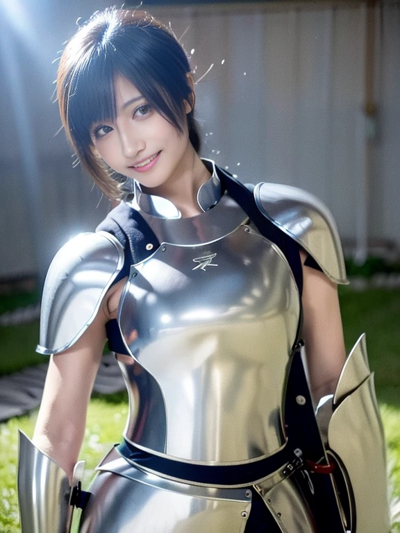 20 year old Japanese beauty,Slim and cute、Bulge of lateral breasts、Slit eyes、A head-to-toe view,Bust is very very large、The background is a Japanese castle、High quality photos、Clear, crisp images of the lower body、Masterpiece 8k、Smiling、Female knight in armor、He is holding a Japanese sword in his right hand