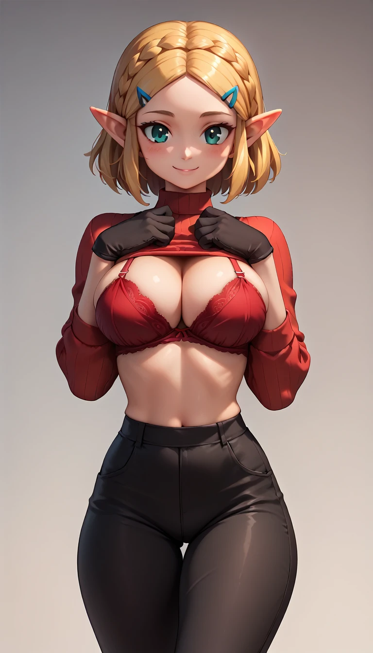 High resolution, Very detailed, perfect lighting, beautiful detailed eyes, ((masterpiece,Best Quality)), absurdities, alone, princess zelda, by the width, crown braid, Hair clip, pointy ears, red bra, long sleeves, Gloves without fingers, black gloves, Black pants, tight pants, smile, curves, nod, , deep neckline, deep neckline , red bra, facing the camera, facing the camera, touching her breasts in a sexy way, touching her breasts in a sexy way