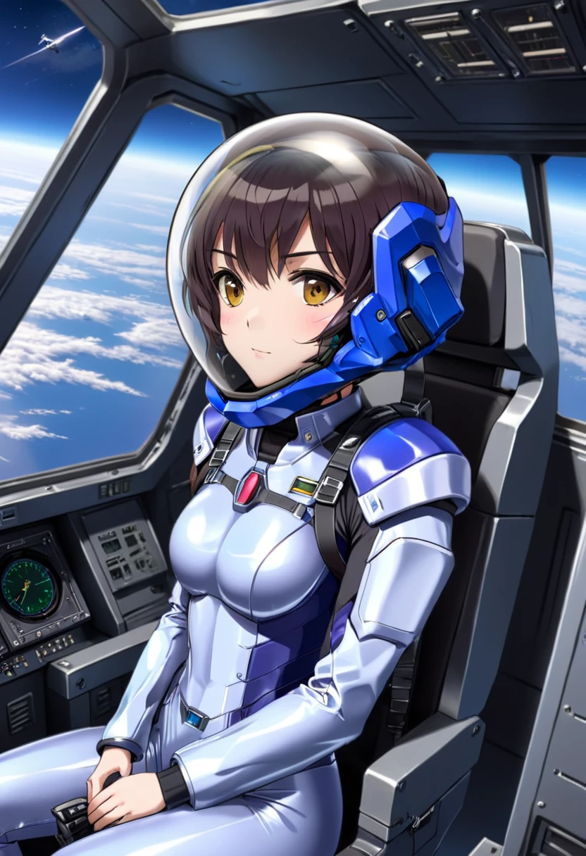 ((Female pilot in the cockpit of a reconnaissance plane), (airplane cockpit), (in flight), (10000 feet altitude)、(sky view):1.7),, short hair, street, emo, BLACK hair, white eyes, eyeliner, apocalypse, girl, nside the (cockpit:1.9) of a (futuristic spaceship:1.6), , blush,sitting on a chair, covered navel, space helmet, muvluv, space helm, plug suit , space helmet, eva helm, space suit, short hair,
