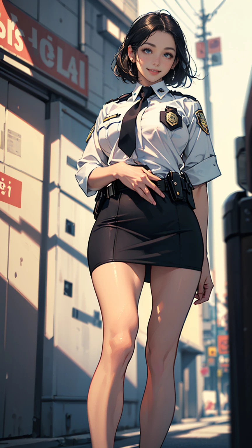 (masterpiece:1.2, highest quality), (Realistic, photoRealistic:1.4),Beautiful illustrations,(Natural Side Lighting, Cinema Lighting),1 female,Japanese,Mature Woman,Policewoman on patrol,48 years old,Perfect Face, Symmetrical face, Shiny skin,Random Hairstyles,Big eyes,Sexy Eyes,(smile),(whole body),BREAK((Police Officer Shirt)),((Tight mini skirt)),(The background is a street corner:1.5),(((Background Blur:1.5))),((police uniform)),(From below:1.3)