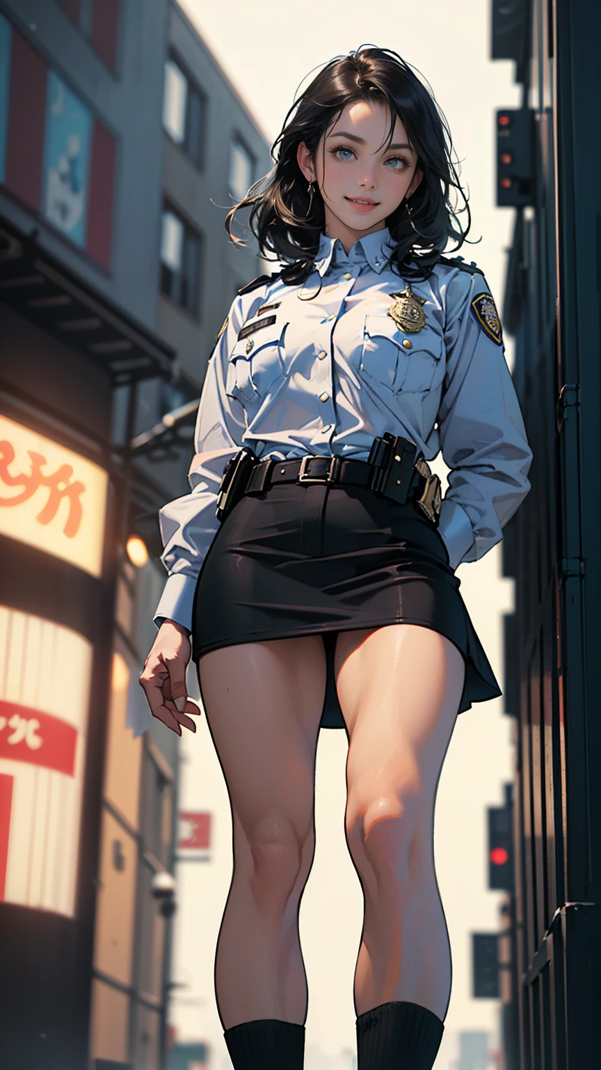 (masterpiece:1.2, highest quality), (Realistic, photoRealistic:1.4),Beautiful illustrations,(Natural Side Lighting, Cinema Lighting),1 female,Japanese,Mature Woman,Policewoman on patrol,48 years old,Perfect Face, Symmetrical face, Shiny skin,Random Hairstyles,Big eyes,Sexy Eyes,(smile),(whole body),BREAK((Police Officer Shirt)),((Tight mini skirt)),(The background is a street corner:1.5),(((Background Blur:1.5))),((police uniform)),(From below:1.3)