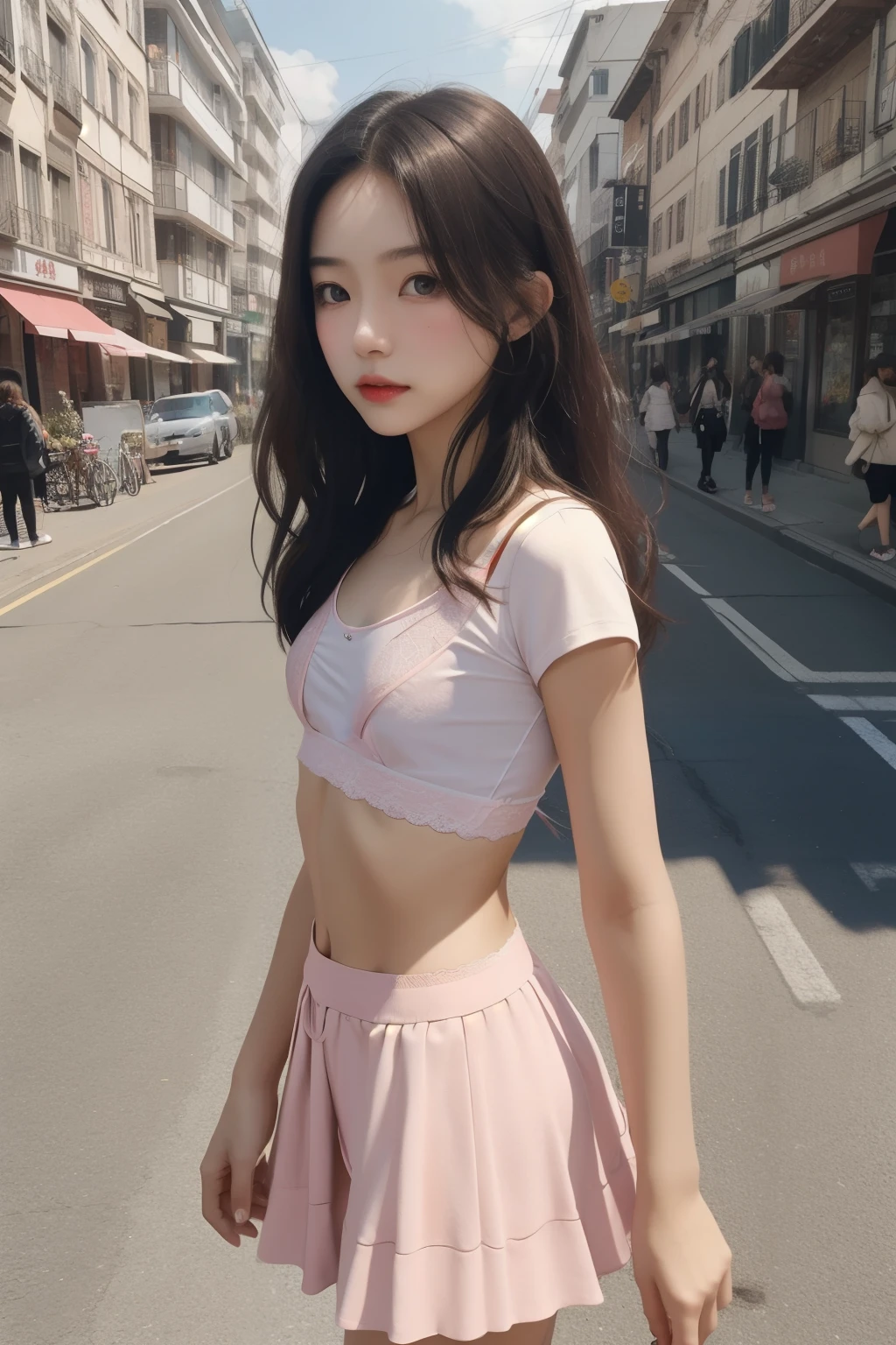 A slight smil、NSFW、((cammel toe))、(Female genitals:1.1)、(8k wallpaper、top-quality、ultra-detailliert、masterpiece、realisitic、Photo Real)、extremely detailed cute girl、18year old、((skirt lift by yourself、no panty、No underwear:1.3))、red blush、looking in camera、Semi-body shot、sleeveless、a miniskirt、Large crowds、Crowded city