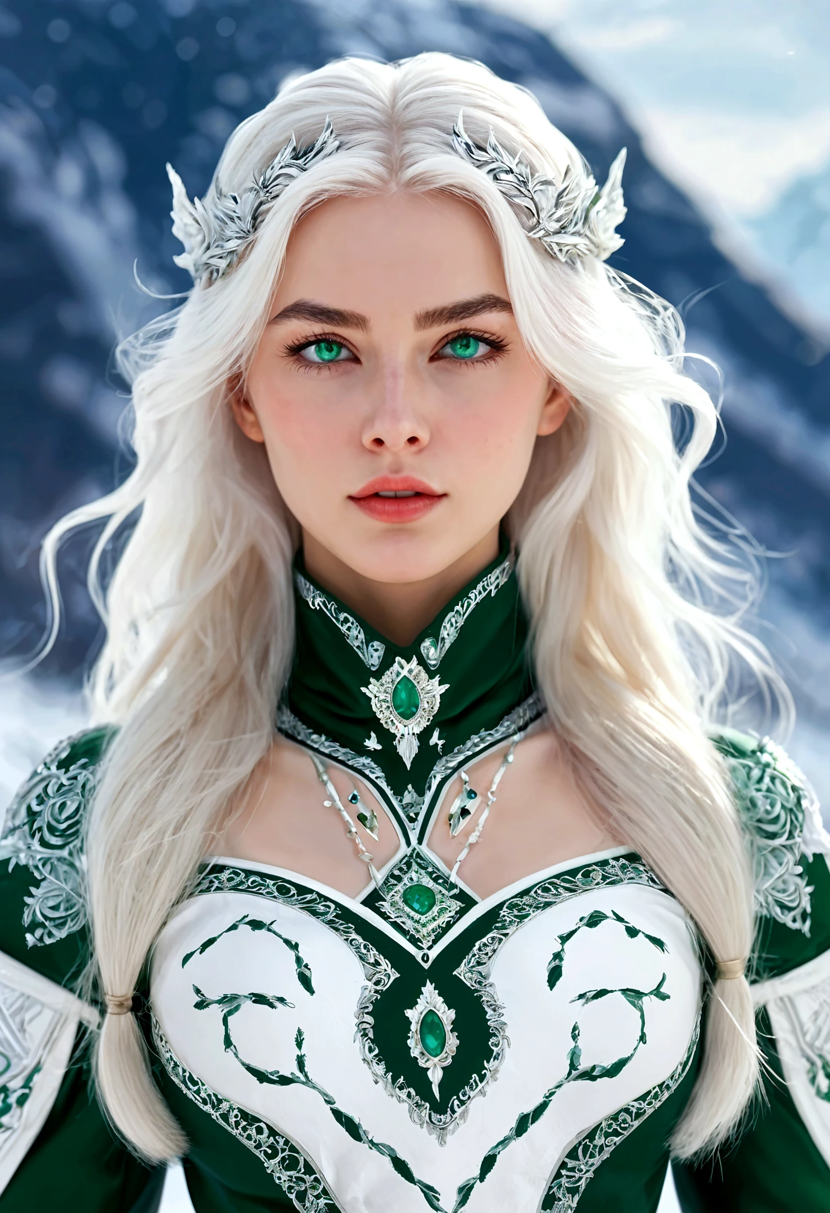 Fantasy in retro style, masterpiece, Magnificent Art, best quality, 1 Girl, Close-up girl Nordic princess, Scandinavian Mountains, Winter weather, Symmetrical and detailed face, Skin as smooth as peach silk, Energetic and aggressive green eyes, Waist-length messy white hair, Sculpted body, (spark: 0.7), Adobe illustration, Trand on Artstation, 8K, HD, 超HD, Cool soft lighting, --q 500 --s 100, -