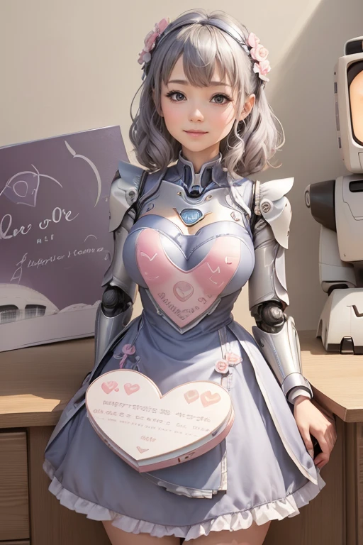 ((Highest quality、High resolution))、(Delicate illustrations)、(pastel colour:1.2)、(watercolor:0.6)、((cute:1.3))、4K、((Robot Woman))、apron、AI big breasts、((happiness))、(((love confession)))、、Asymmetric Wave、Gray Hair、Photo album、Cowboy Shot、(Speaking Heart)、