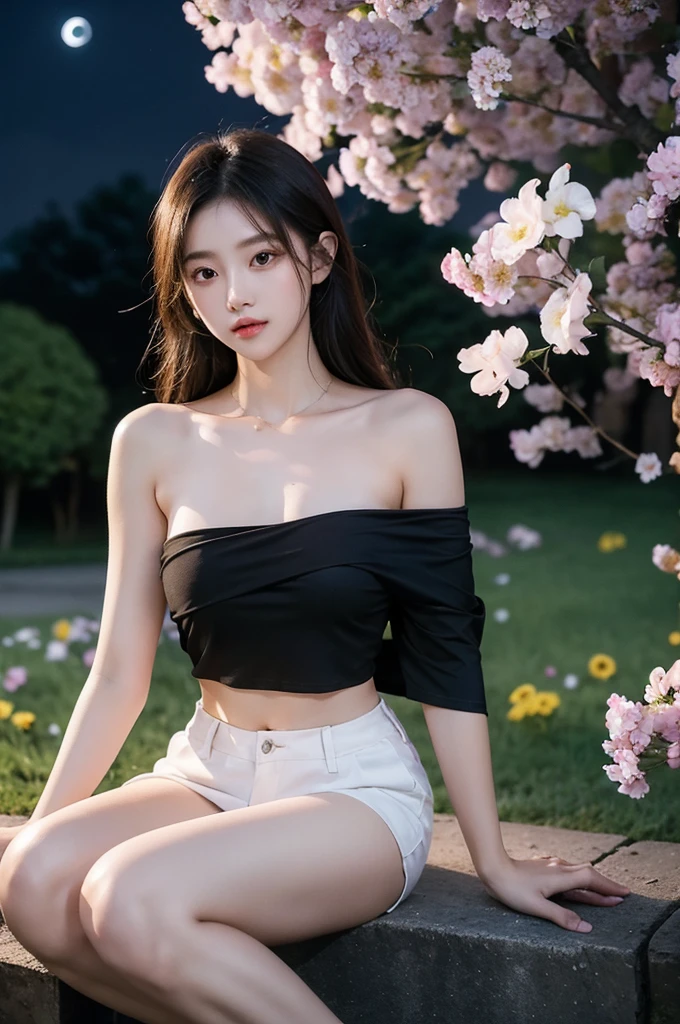 crop top overhang, (night), ((single bare shoulder)), iridescence, In the park under the moonlight，A beautiful girl sitting among the flowers，Surrounded by blooming flowers and fluttering butterflies。Girl&#39;s cleavage is visible，The body leans back，Support your body with your elbows，Showing an elegant and seductive posture。She has a very beautiful、Well-proportioned legs，Anatomically correct。The girl&#39;s face is delicate，Bathed in the soft moonlight，The whole scene is filled with atmospheric lighting effects。Dramatic lighting creates a cinematic atmosphere。The bright smile on the girl&#39;s face adds a touch of fantasy。