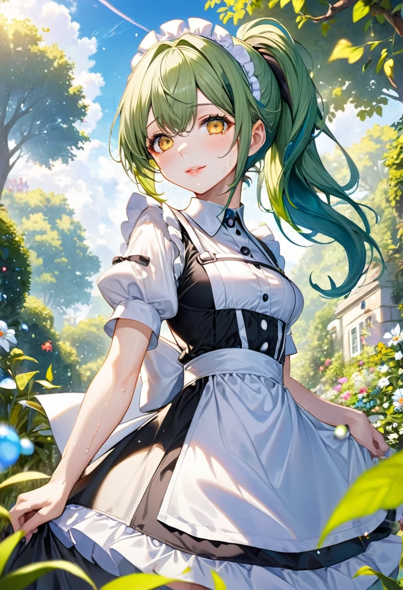 (Patient style), (solo:2, 15 yo, sweaty skin, Look sick Pale face), (beautiful detailed ponytail) (beautiful detailed green hair, long hair) (best cute fighter girl, bad half closed yellow eyes, glossy lip, looking up, bad smile, medium tits), in a immensely beautiful summer maid dress, break, in the beautiful enchanted garden, background beautiful summer sky, BREAK, perfect anatomy, masterpiece, best quality, beautiful detailed sick, daydreaming expression.