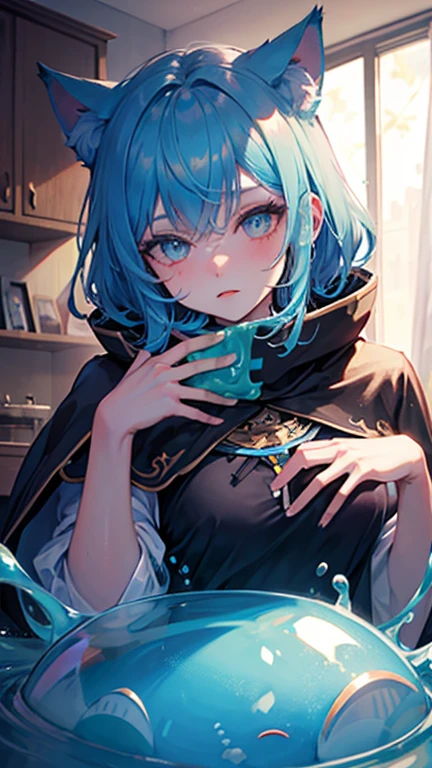 Blue Hair,Blue Skin,Black Cape,Cat ear,Character Liquid,Slime,There are lots of musical notes in the background