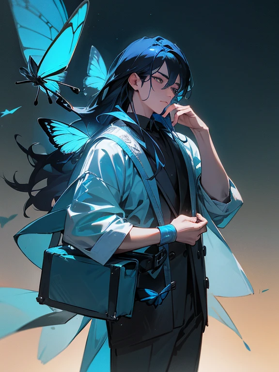 a beautiful boy with long, gradient blue and black crystal-like hair, standing with a hand on his chin and a bag in his hand, surrounded by blue-tinted ruins at night, with translucent blue butterflies flying around him, detailed facial features, soft skin, and a serene, dreamy expression, 4k, 8k, high resolution, masterpiece, ultra-detailed, realistic, photorealistic, vibrant colors, dramatic lighting