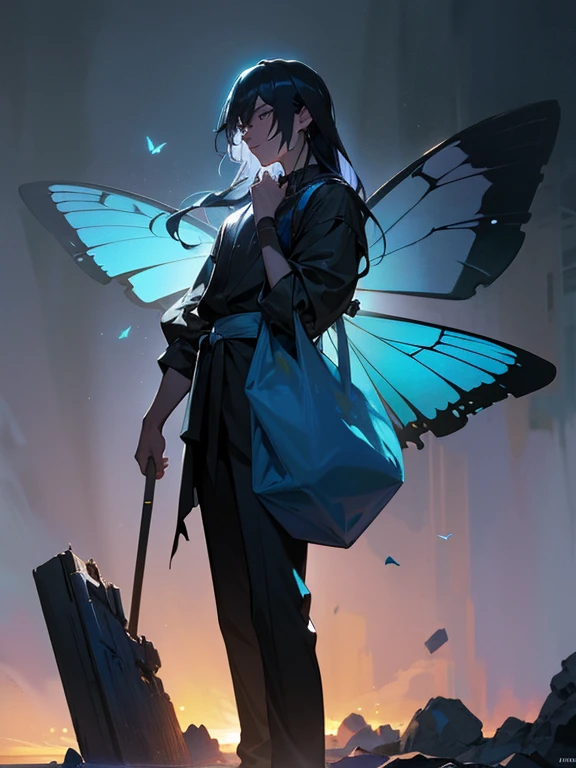 a beautiful boy with long, gradient blue and black crystal-like hair, standing with a hand on his chin and a bag in his hand, surrounded by blue-tinted ruins at night, with translucent blue butterflies flying around him, detailed facial features, soft skin, and a serene, dreamy expression, 4k, 8k, high resolution, masterpiece, ultra-detailed, realistic, photorealistic, vibrant colors, dramatic lighting