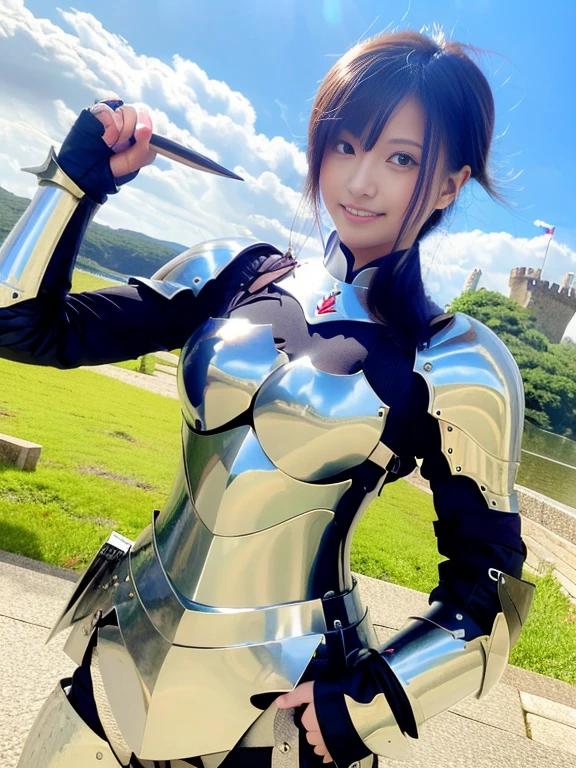 20 year old Japanese beauty,Slim and cute、Bulge of lateral breasts、Slit eyes、A head-to-toe view,Bust is very very large、The background is a Japanese castle、High quality photos、Clear, crisp images of the lower body、Masterpiece 8k、Smiling、Female knight in armor、He holds a trident in his right hand