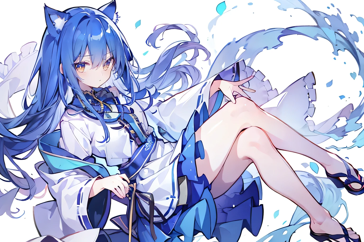 （masterpiece：1.2），Super detailed，lifelike，Expressive eyes，fair skin，perfect face shape，1 girl，
Japanese comics,Gorgeous blue hair,flowing blue hair,flowing clothes,Cat ears,Petals fall,beautiful lola,Baby Angel,
Cross your legs，Gentle and peaceful background，tokyo back views.