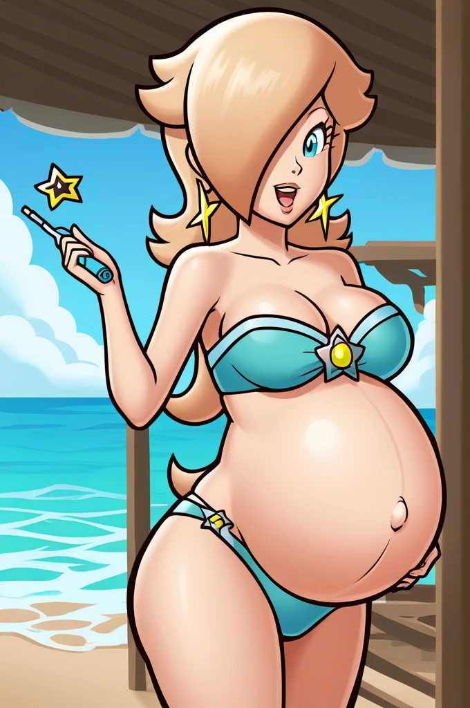 score_9, score_8_up, 1girl, solo, rosalina, style parody, thick outlines, bikini, pregnant belly, big belly, sleeveless, strapless, cleavage, indoors, beach, happy, showing his belly