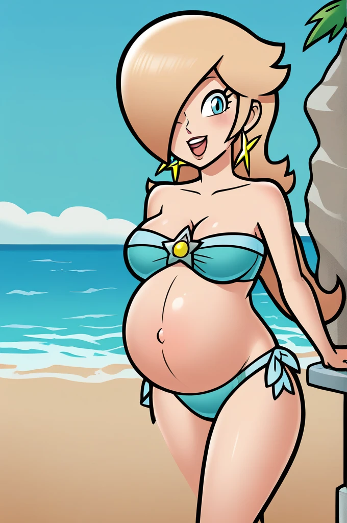 score_9, score_8_up, 1girl, solo, rosalina, style parody, thick outlines, bikini, pregnant belly, big belly, sleeveless, strapless, cleavage, indoors, beach, happy, showing his belly