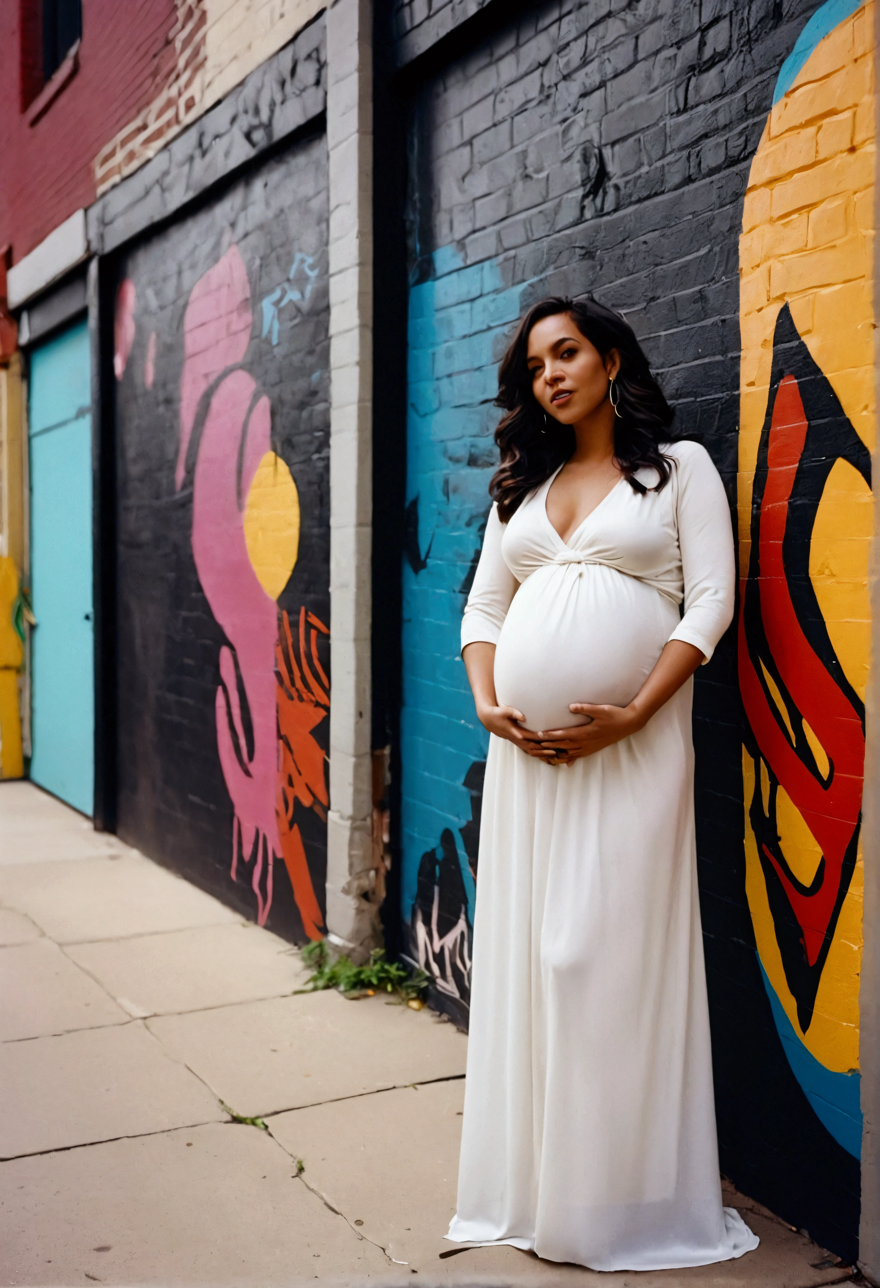 in the style of aesthetics,1 Pregnant women dressed in fashion, Chicago, USA, make for a memorable photo, The background is to charming neighbourhoods and colourful street art, photo taken with fujifilm superia, charly amani,