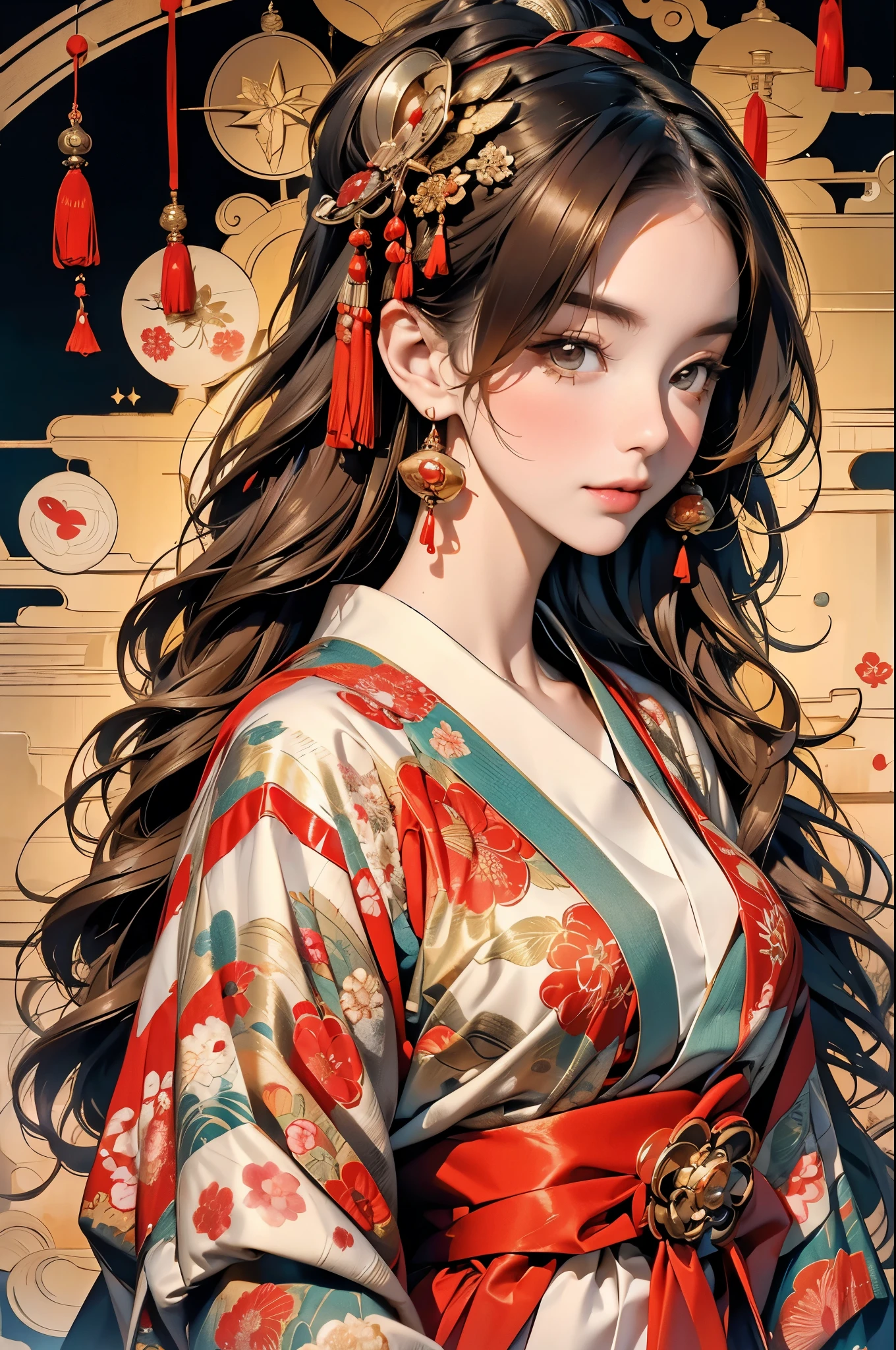 a woman in a golden red kimono dress with a gold halo, japanese goddess, chie yoshii, elegant japanese woman, portrait of a beautiful geisha, intricate geisha kimono, japanese art style