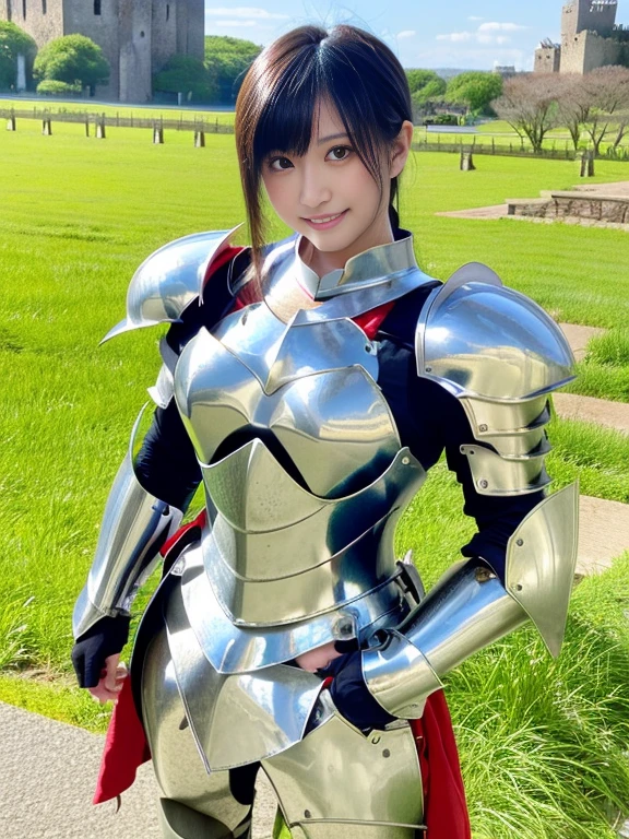 20 year old Japanese beauty，Slim and cute、Bulge of lateral breasts、Slit eyes、A head-to-toe view，Bust is very very large、The background is a Japanese castle、High quality photos、Clear, crisp images of the lower body、Masterpiece 8k、Smiling、Female knight in armor、He holds a trident in his right hand