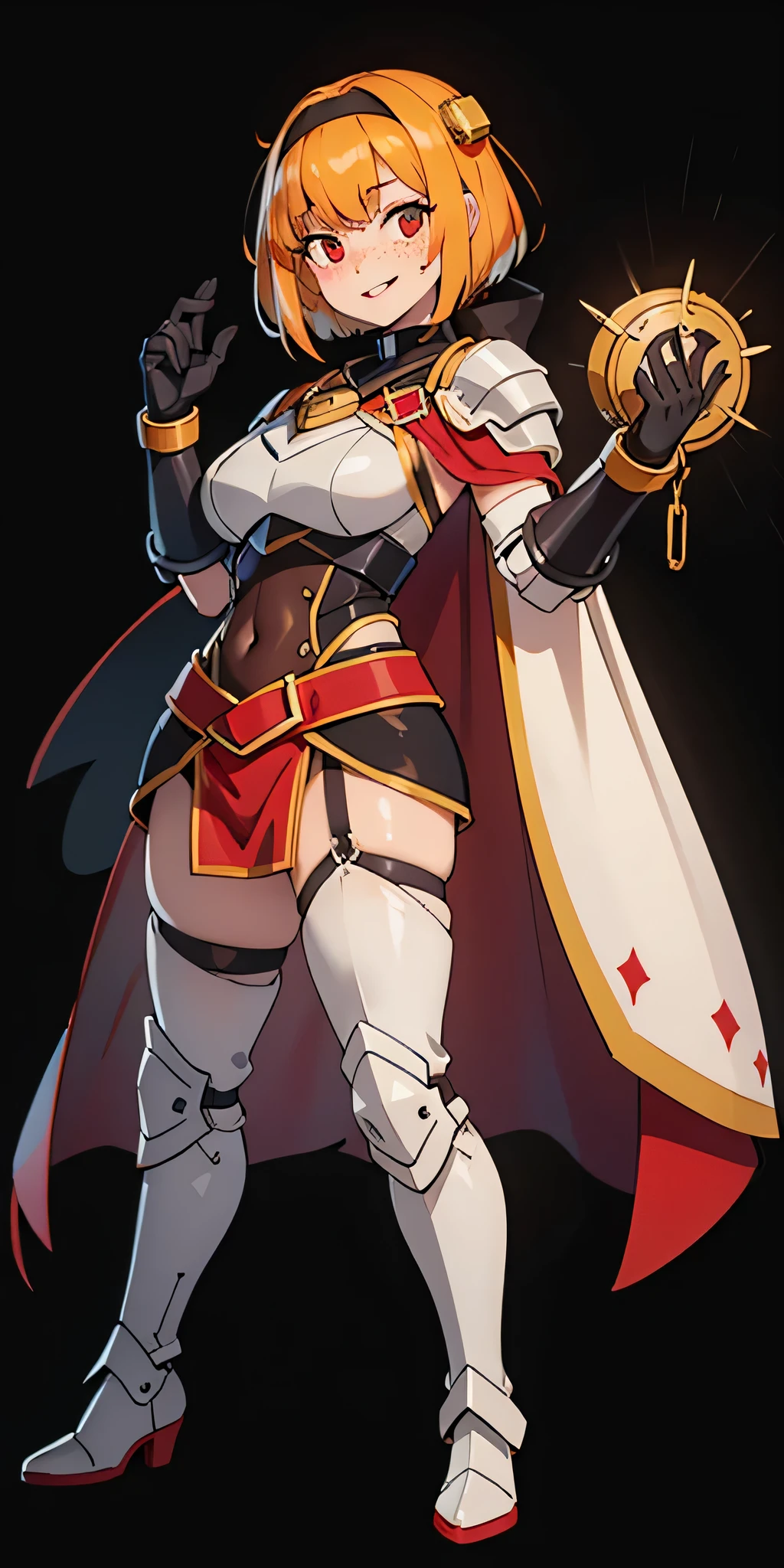 masterpiece, (flat black background:1.2) Alone, detailed face, intricate iris, thick lips, robot girl, (golden and white skin), realistic illustration of a (chica cyborg), (Red eyes), IvoryGoldAI, (parts),(holding AWESOME:1.2), (gold and white armor:1.2), (looking at the viewer:1.2), Chapped lips, standing, Raised, symmetrical, looking at the viewer, lustful smile satisfied face red blushing red cheeks, thick airtights, airtight highs, airtight, Boots, armor, armored Boots, full body armor, bikini armor, great shell, shoulder pad, bracers, black leather choker, tiger claw gloves, short white bob haircut, with helmet, metal shoulders, long red loincloth, longest blue cape that reaches to the waist, bracelets with shackles and chains