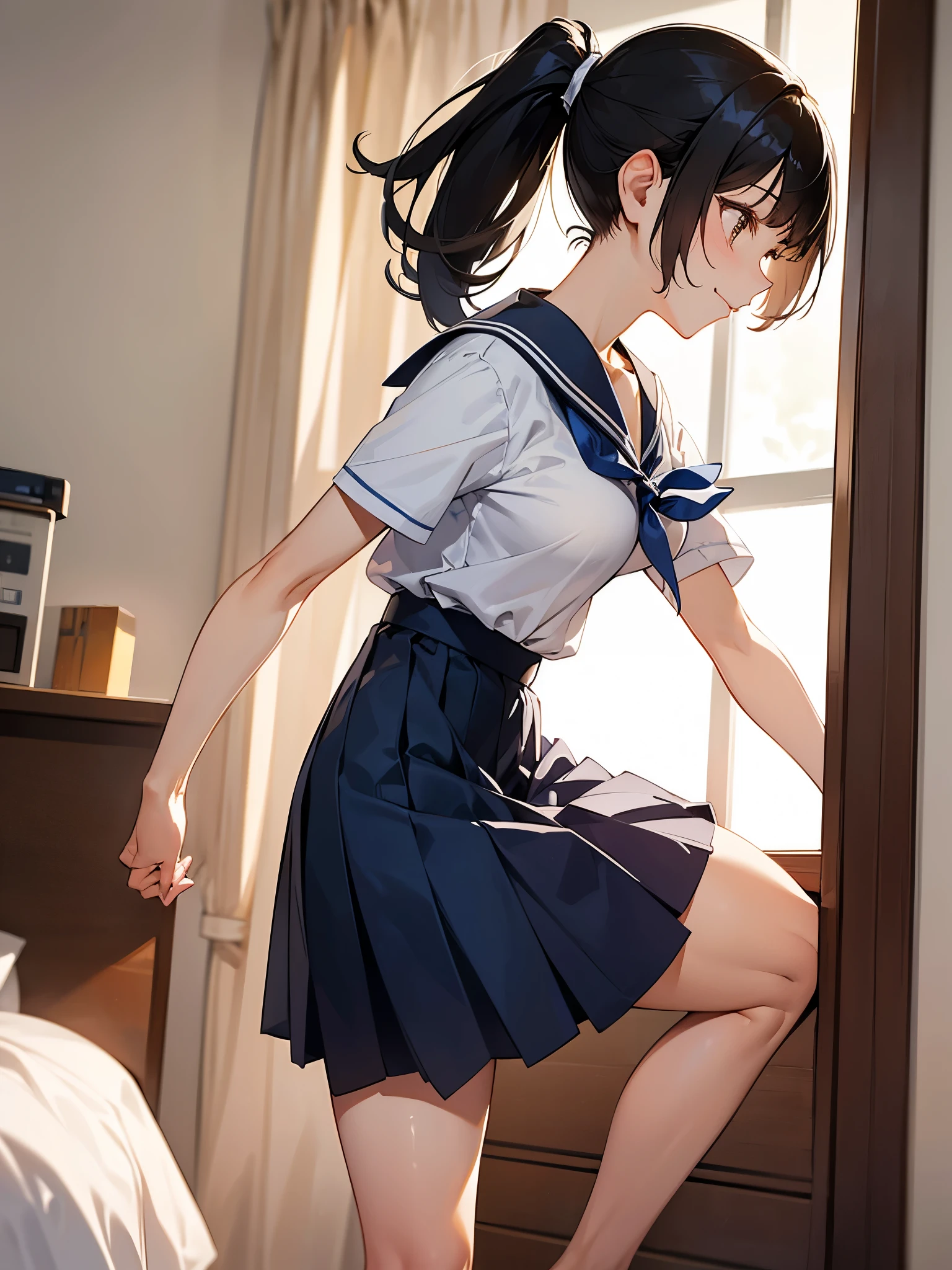 Composition seen from the side Profile Looking away:3.6 Smiling woman with light in her eyes Apartment room Full body view Sweat High ponytail:3.6 Working adult, white summer sailor uniform, dark blue collar, dark blue ribbon, dark blue skirt, short black hair, straight hair, hair tie Sweep your bangs to the side:2.4. Slanted eyes, brown eyes, tall, strong-willed, beautiful Tall and slender with large breasts