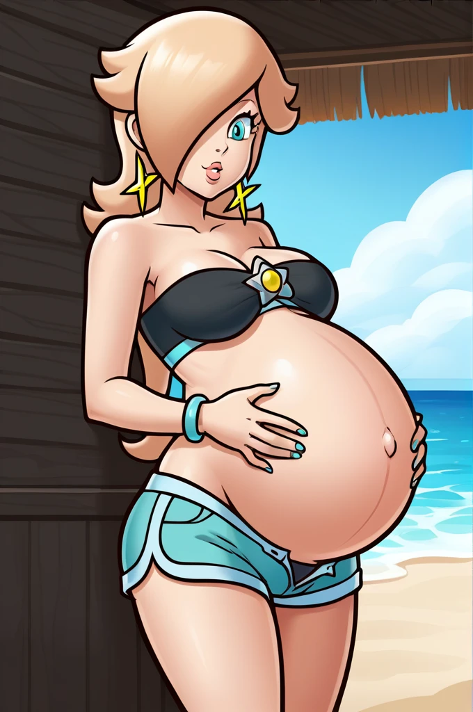 score_9, score_8_up, 1girl, solo, rosalina, style parody, thick outlines, black bikini, shorts, pregnant belly, sleeveless, strapless, cleavage, indoors, beach, front view, hands on his belly
