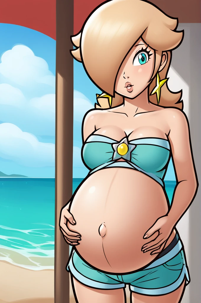 score_9, score_8_up, 1girl, solo, rosalina, style parody, thick outlines, black bikini, shorts, pregnant belly, sleeveless, strapless, cleavage, indoors, beach, front view, hands on his belly