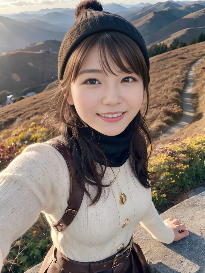 (Upper body selfie:1.3),Mature woman 55 years old,Married person ring,Autumn climbing,With a spectacular view from the summit,autumn leaves、Beautiful sunrise,Remove the beam from above,Backlight,Generate images of beautiful women from around the world,Especially while reflecting elements of Western beauty.A woman with a natural smile and attractive facial expression,A woman with a natural smile and attractive facial expression,Clear Skin,Eyes sparkling,Expresses an elegant atmosphere,,alone, Backpack,Knitted hat,sweater,gloves,Mountain boots,A strong wind is blowing,Hair blowing in the storm,(8K quality,Tabletop,Highest quality,Ultra-high resolution output images,),(Highly detailed RAW photos:1.3),(Picture Mode Ultra HD),Mature 55 year old Japanese woman,Married person ringを見せる