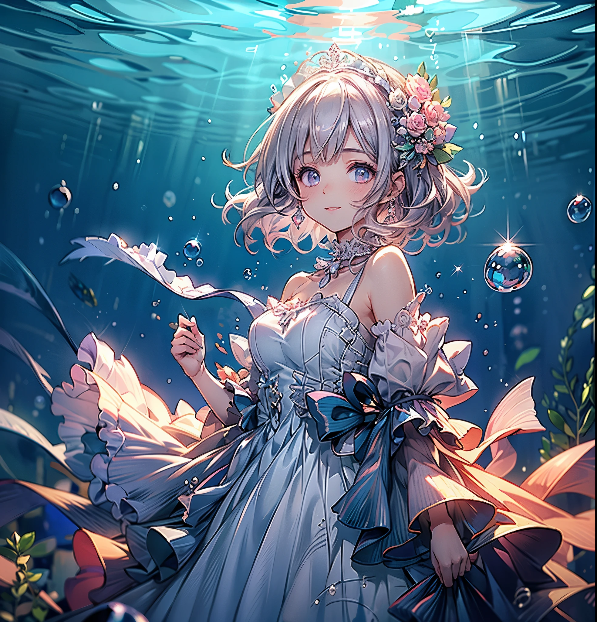 (Exquisite, beautiful, Very detailed, masterpiece, high quality, Confused, High resolution, Full HD, 16K), (Fine Lines: 1.2, Soft lines:1.2, beautiful and delicate face), front,Whole body,whole body,((Floating on water,drifting)),(The ends of my hair and the edge of my dress melt into the water..),(In the dark depths of the sea,Creates lots of bubbles,fish),(smile), (Medium Hair:1.5), (tiara, Earrings, beautiful choker), ((A pastel-colored ball gown dress featuring puffy shoulders and a water motif..:1.1, Balloon sleeves,Jewels, lace and frills)), (Light pink blush, Plump pink lips,Large Breasts,Fair skin, Good style),Facing forward