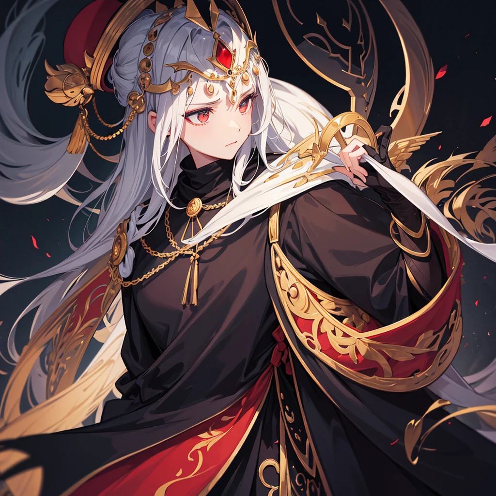 Cloak: Andras wore a long black robe with long sleeves and a high collar. Cloak ini sering kali memiliki aksen atau pola yang mencolok.hat: He wears a hat that looks similar to a skull or is ornate, often black or dark in color.Face mask: Face mask yang dikenakannya memiliki desain yang menutupi sebagian besar wajahnya, with skull-like elements or dark patterns.weapon: Andras holds a bow with an elegant design with a dark theme, usually with decorations that match the dark elements.Hair: Hair Andras berwarna hitam dengan panjang sedang. Hairnya umumnya diikat atau tertata dengan rapi, often in a style that seems orderly and suits her mysterious appearance.eye: eyenya sering terlihat menonjol melalui masker, with colors that can be shiny or bright red.accessories: Apart from hats and masks, Andras is often equipped with additional accessories that support his dark and mysterious theme.