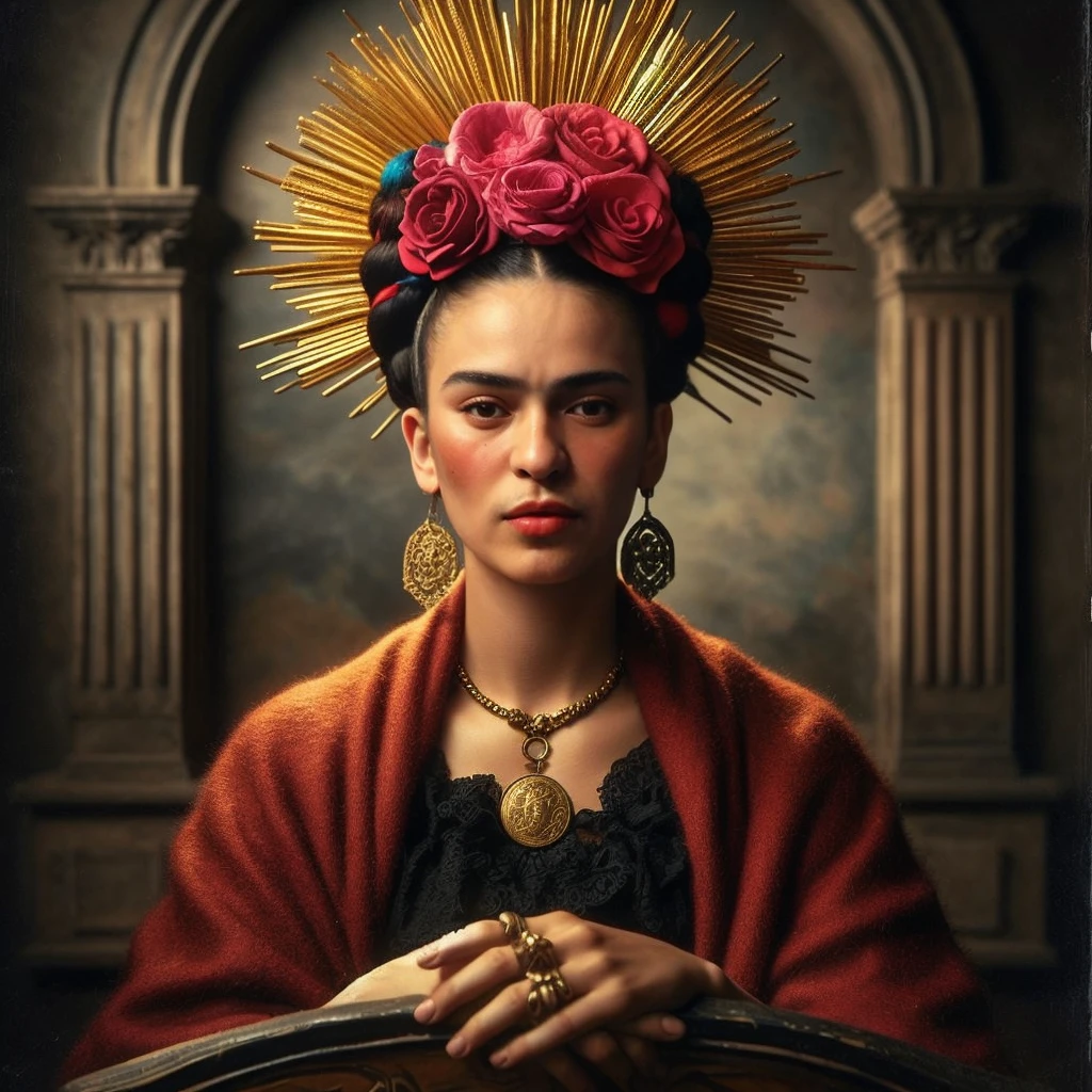 Frida Khalo with holiday makeup, with a dog accompanied by his side. With cempasuchil. Blushing.