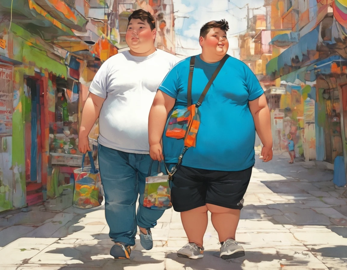 boy with chubby body, wearing just a t-shirt