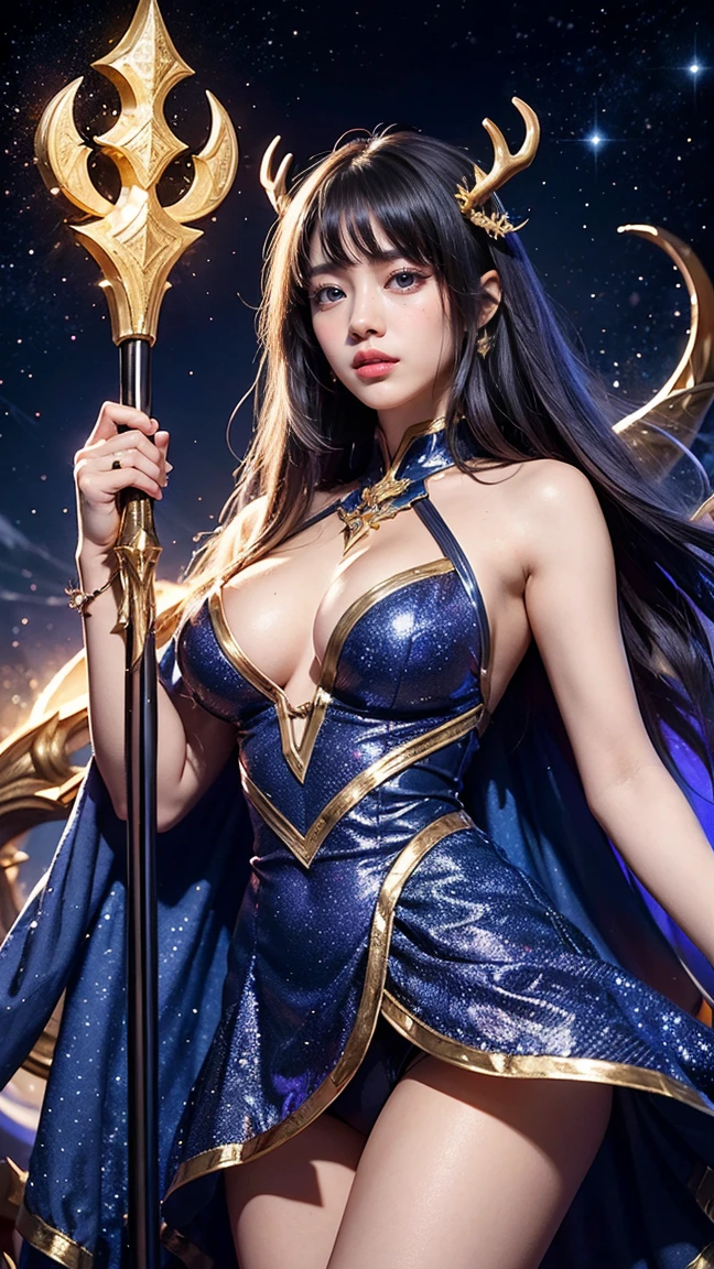 Illustrate Lillia in her 'Cosmic' skin from League of Legends by Riot Games,massive k-cups,She’s adorned in an ethereal, starry outfit with celestial motifs, featuring a cosmic dress with swirling galaxies, glowing antlers, and a staff that sparkles with cosmic energy, representing her connection to the cosmos.