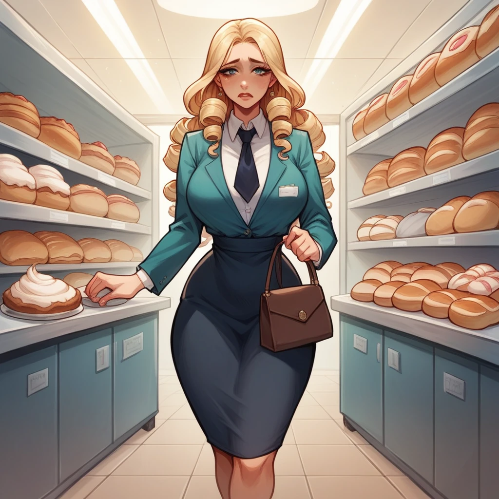 Beautiful woman 25 years old, not very high, long curly light blonde hair, Thin waist, big tits, well-shaped and large hips. She wears a secretary uniform with a tie, she is in front of a bakery, she carries a purse, she is standing, She is looking sad and is very hungry looking at the bread.