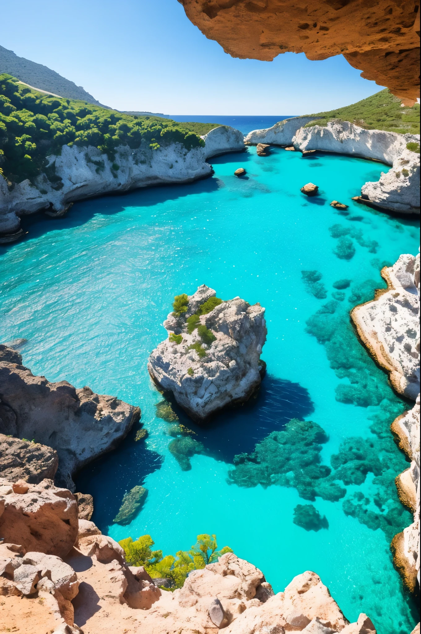 arafed view of a rocky cliff and clear blue water, a picture by Alexis Grimou, unsplash, les nabis, turquoise water, view from the sea, island with cave, puddles of turquoise water, blue waters, turquoise ocean, red sea, incredibly beautiful, azure blue water, clear blue water, white stone arches, cyprus