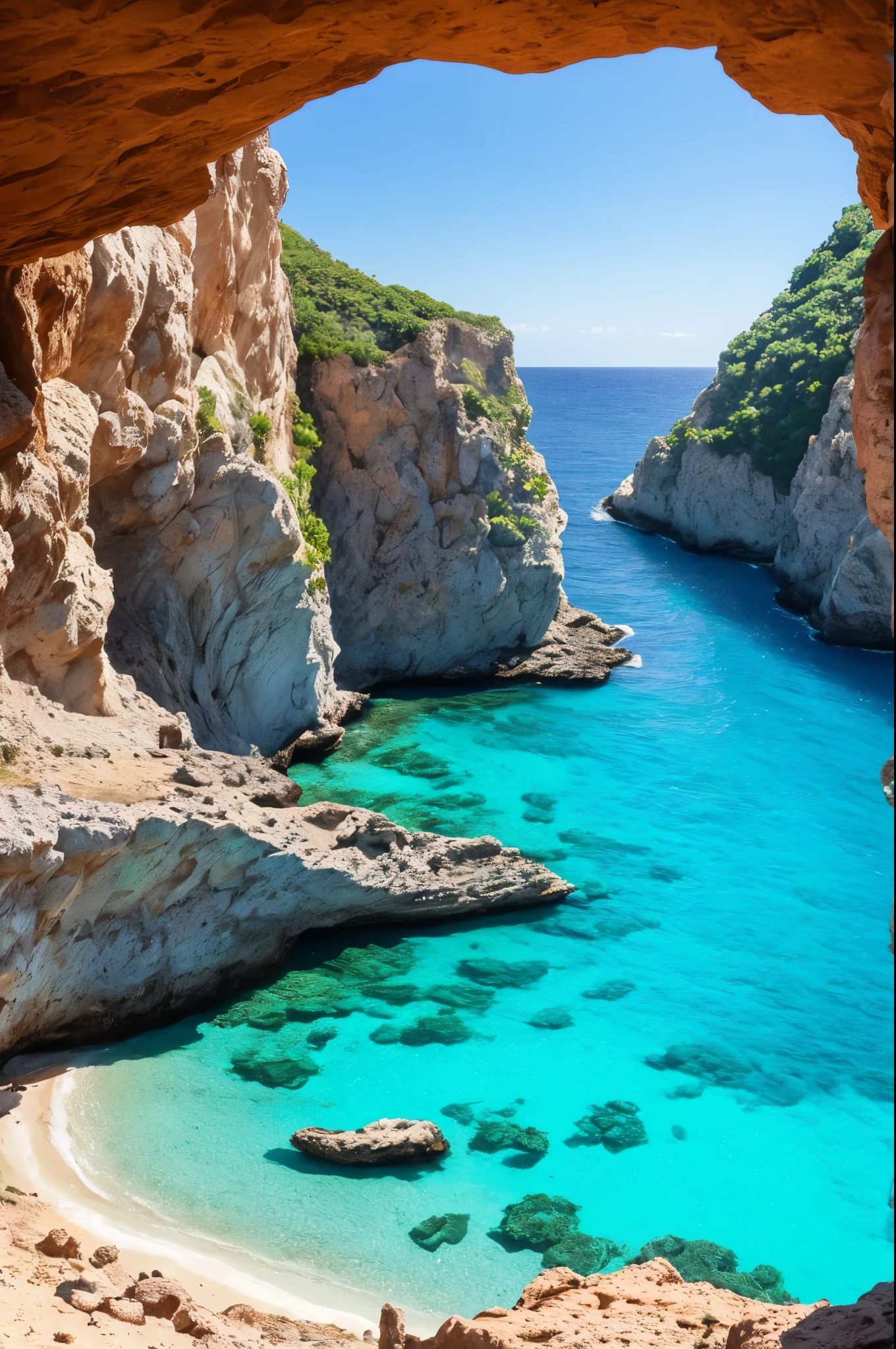 arafed view of a rocky cliff and clear blue water, a picture by Alexis Grimou, unsplash, les nabis, turquoise water, view from the sea, island with cave, puddles of turquoise water, blue waters, turquoise ocean, red sea, incredibly beautiful, azure blue water, clear blue water, white stone arches, cyprus