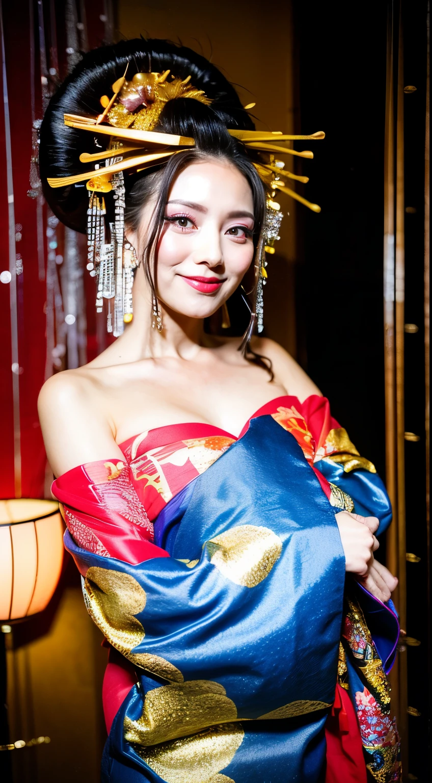 ((masterpiece(:1.4)，Highest quality，Ultra-high resolution，Highest quality，8k，Extremely detailed，In detail))。night，Fireworks display，Japanese，A beautiful woman，slim，Large Breasts(1.6)，sexy，glamorous，Flashy gal makeup，Oiran，Long-sleeved kimono，Uchikake，Gold brocade，Sunny clothes，Hair tying，hairpin，hair ornaments，geta，Oiran道中，Gorgeous and luxurious，(Fireworks displayのnightに河川敷で花火を背景にしたスナップ写真)，Accentuate your chest，Show your shoulderove the dress up to the shoulders，