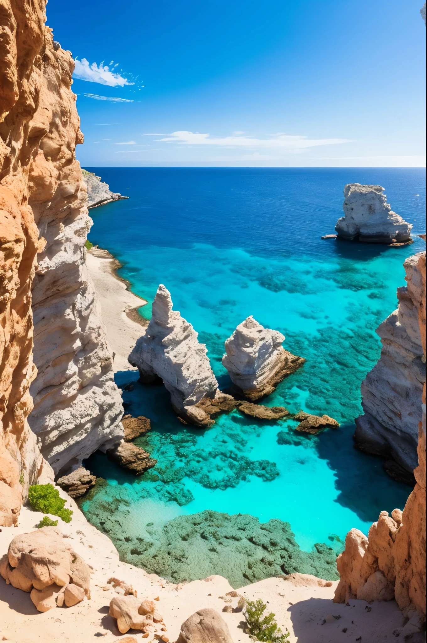 arafed view of a rocky cliff and clear blue water, a picture by Alexis Grimou, unsplash, les nabis, turquoise water, view from the sea, island with cave, puddles of turquoise water, blue waters, turquoise ocean, red sea, incredibly beautiful, azure blue water, clear blue water, white stone arches, cyprus