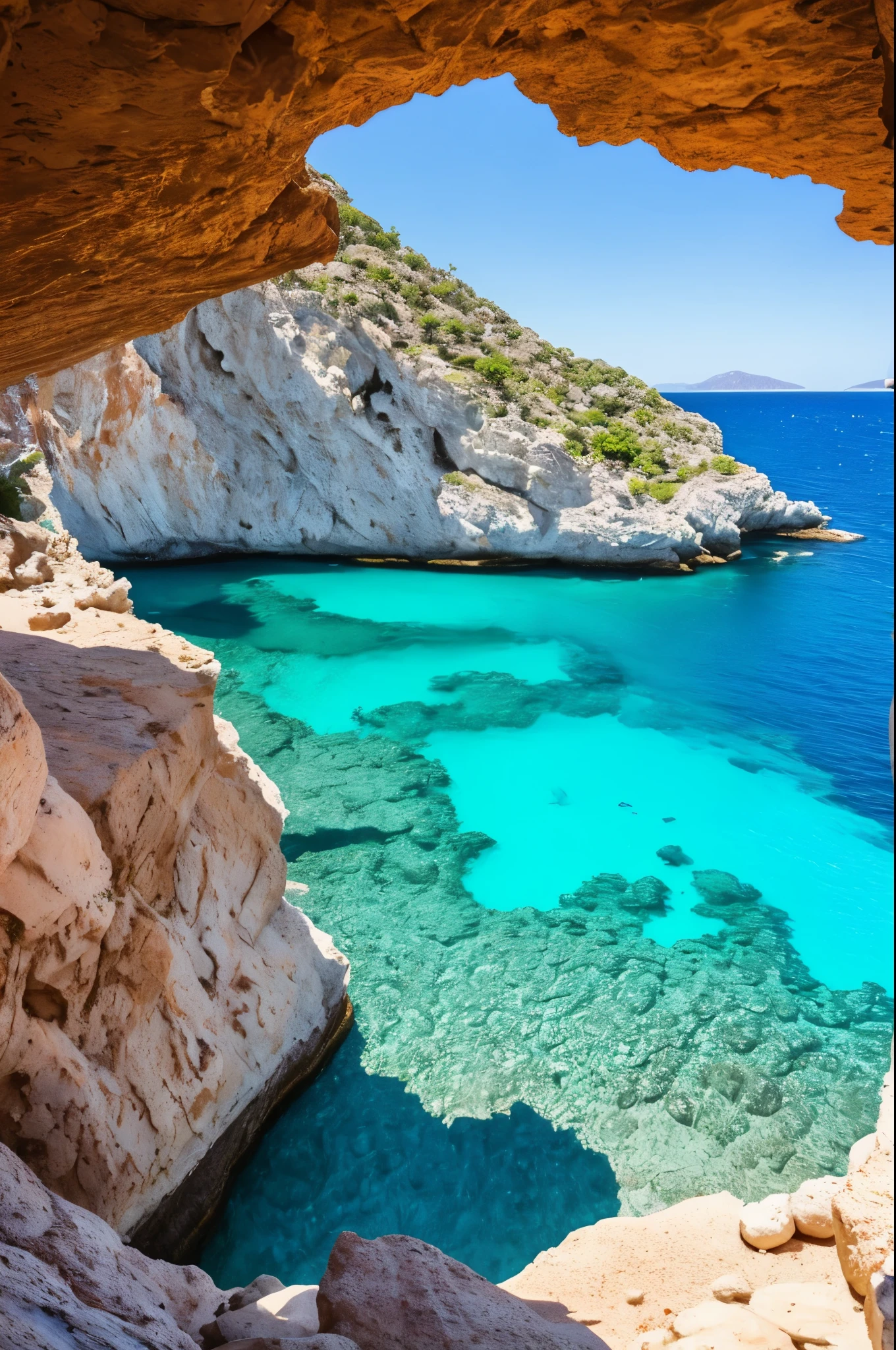 arafed view of a rocky cliff and clear blue water, a picture by Alexis Grimou, unsplash, les nabis, turquoise water, view from the sea, island with cave, puddles of turquoise water, blue waters, turquoise ocean, red sea, incredibly beautiful, azure blue water, clear blue water, white stone arches, cyprus