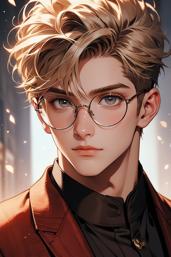 [32k, 8k, very detailed image, masterpiece], young man, naturally handsome, 23 years old, medium blond hair, light brown eyes, gentle expression, large round glasses, [looking fixedly at the viewer], shaved beard, noble formal wear
