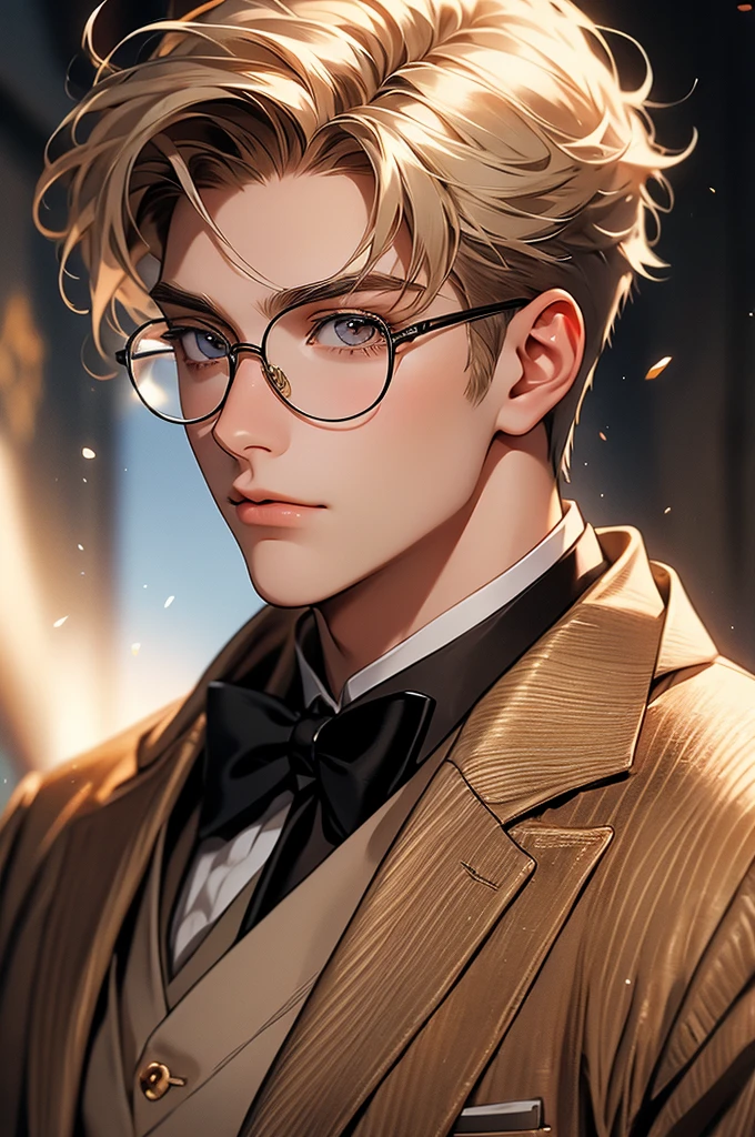 [32k, 8k, very detailed image, masterpiece], young man, naturally handsome, 23 years old, medium blond hair, light brown eyes, gentle expression, large round glasses, [looking fixedly at the viewer], shaved beard, noble formal wear